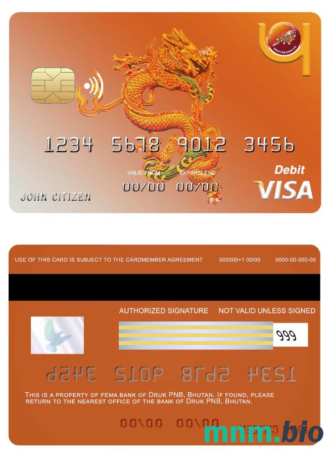 Bhutan Druk PNB bank przykład karty visa w formacie PSD